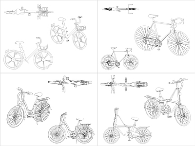 现代交通工具图库 4组自行车图块 施工图