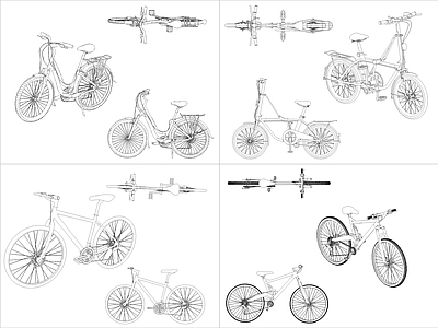 现代交通工具图库 4组自行车图块 施工图