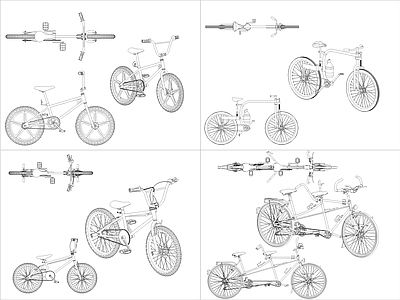 现代交通工具图库 4组自行车图块 施工图