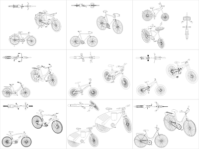 现代交通工具图库 9组自行车图块 施工图