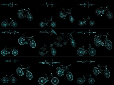 现代交通工具图库 9组自行车图块 施工图