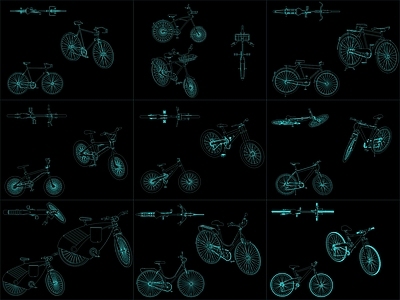现代交通工具图库 9组自行车图块 施工图