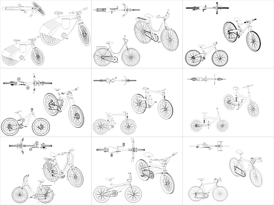 现代交通工具图库 9组自行车图块 施工图