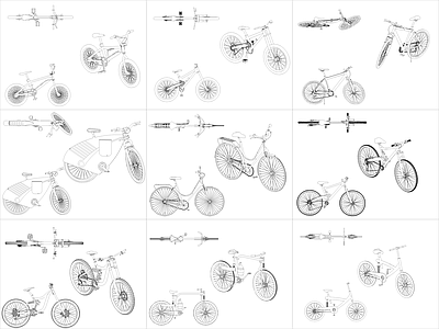 现代交通工具图库 9组自行车图块 施工图