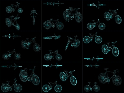 现代交通工具图库 9组自行车图块 施工图