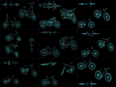 现代交通工具图库 9组自行车图块 施工图