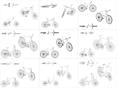 现代交通工具图库 9组自行车图块 施工图