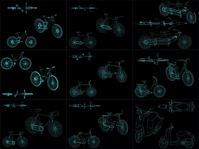 现代交通工具图库 9组自行车图块 施工图