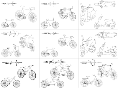 现代交通工具图库 9组自行车图块 施工图