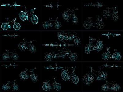 现代交通工具图库 9组自行车图块 施工图