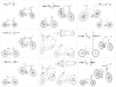 现代交通工具图库 9组自行车图块 施工图