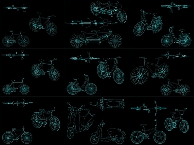 现代交通工具图库 9组自行车图块 施工图