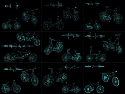 现代交通工具图库 9组自行车图块 施工图