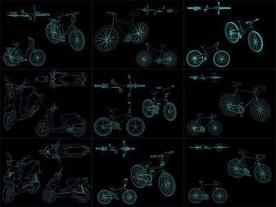 现代交通工具图库 9组自行车图块 施工图