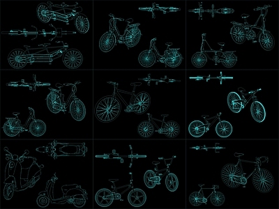 现代交通工具图库 9组自行车图块 施工图