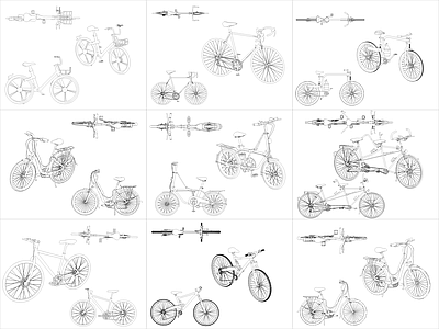 现代交通工具图库 9组自行车图块 施工图