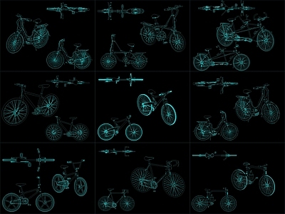 现代交通工具图库 9组自行车图块 施工图