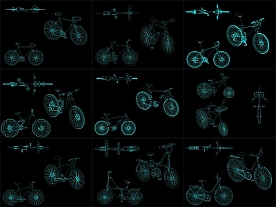 现代交通工具图库 9组自行车图块 施工图