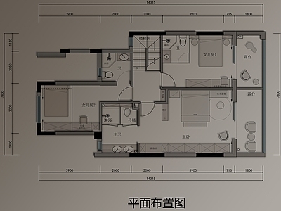 现代卧室 彩平图 立面图 平面图 主卧 施工图