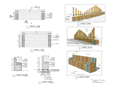 中式广场 乡村广场 山体广场 竹子座凳详图 竹子景墙详图 广场种植图 施工图