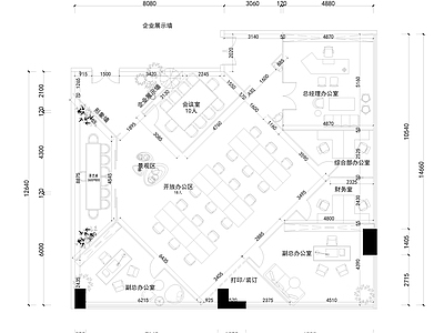 现代整体办公空间 办公空间 办公室 220平 平面布置图 施工图