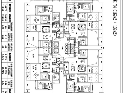 现代住宅楼建筑 第四代住宅 一类高层 T4户型 平面图 施工图