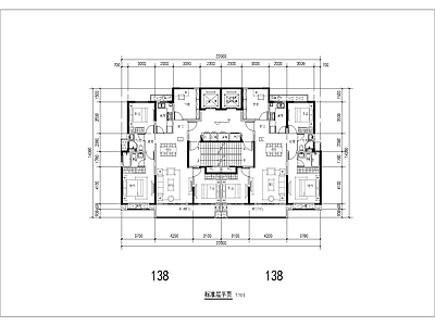 现代住宅楼建筑 T2一类高层 138平 三面宽住宅 方案平面 施工图