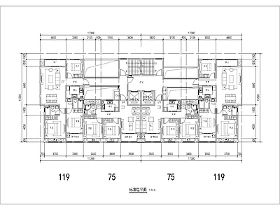 现代住宅楼建筑 75平119平 T4一类高层 板式住宅 边厅户型 方案平面 施工图