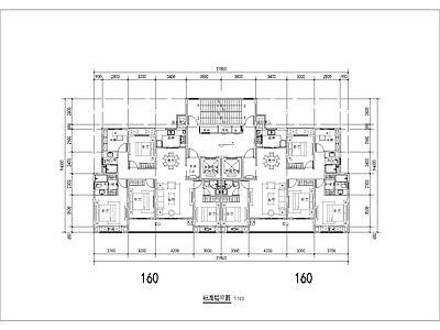 现代住宅楼建筑 160平 T2一类高层 四面宽住宅 方案平面 施工图