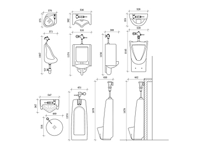 现代卫浴设施 男用小便器 小便斗 小便槽 小便站 施工图