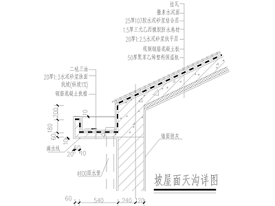 建筑工程节点 坡屋面天沟详图 坡屋顶 挂瓦 挑檐 屋檐节点 施工图