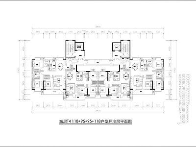 现代住宅楼建筑 高层T4户型 118＋95户型 施工图