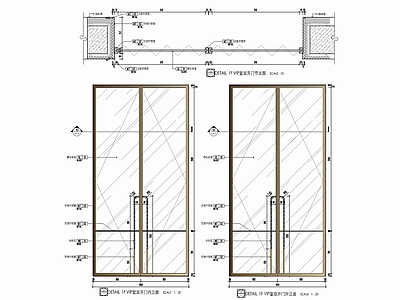 现代门节点 型材玻璃双开门 玻璃门节点 仿铜不锈钢边框 玻璃地弹簧门 极窄玻璃边框门 施工图