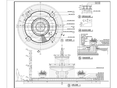 法式欧式水景 庭院喷泉 水池 入口水景 圆形喷泉 喷泉 施工图