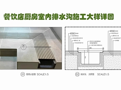 现代地面节点 厨房室内排水沟 餐饮店厨房排水 不锈钢排水沟 厨房防水 厨房排水地漏 施工图