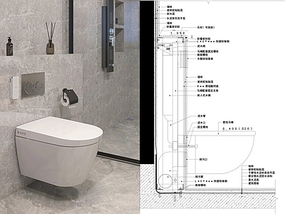 现代卫浴节点 壁挂式马桶节点 马桶节点 悬空马桶节点 卫浴节点 暗藏式水箱马桶 施工图