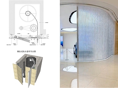 现代门节点 侧拉式防火卷帘 防火卷帘节点 侧拉式水晶卷帘 水晶卷帘节点 商场水晶卷帘 施工图