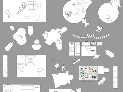 玩具 儿童房娱乐区 玩具积木桌子 帐篷地毯 平面图块 施工图