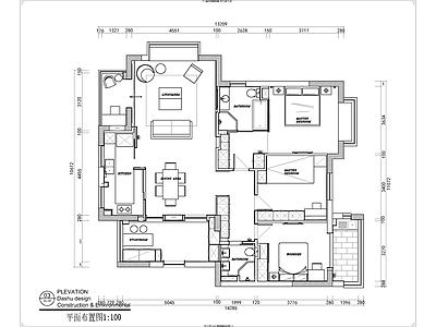 平层 简约风格住宅室内 三室两厅 施工图