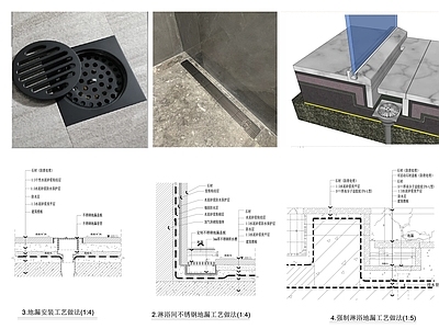 现代卫浴节点 地漏节点 地漏安装节点 下水口安装节点 卫生间地漏节点 长条形地漏节点 施工图