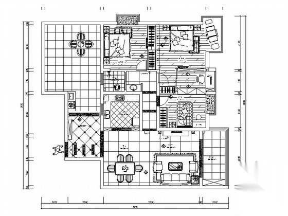 典雅简欧风格三居室样板间CAD装修施工图（含效果） 平层