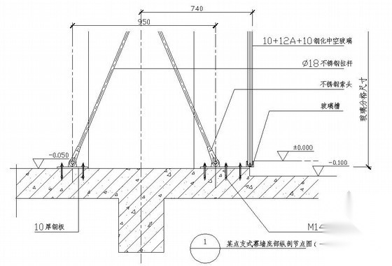 某点支式玻璃幕墙底部纵剖节点图（一） 节点