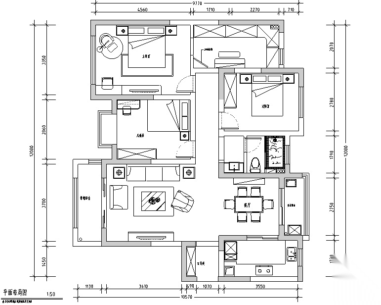 [江苏]美式简约128平米住宅设计施工图（附效果图） 平层