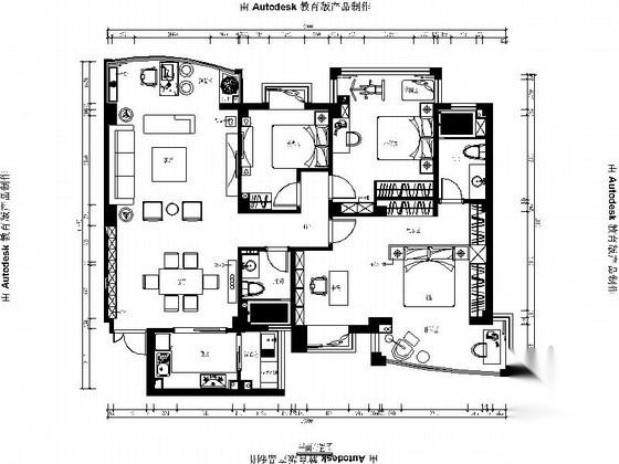 [青岛]三居室新潮大气家装施工图（含效果图） 平层