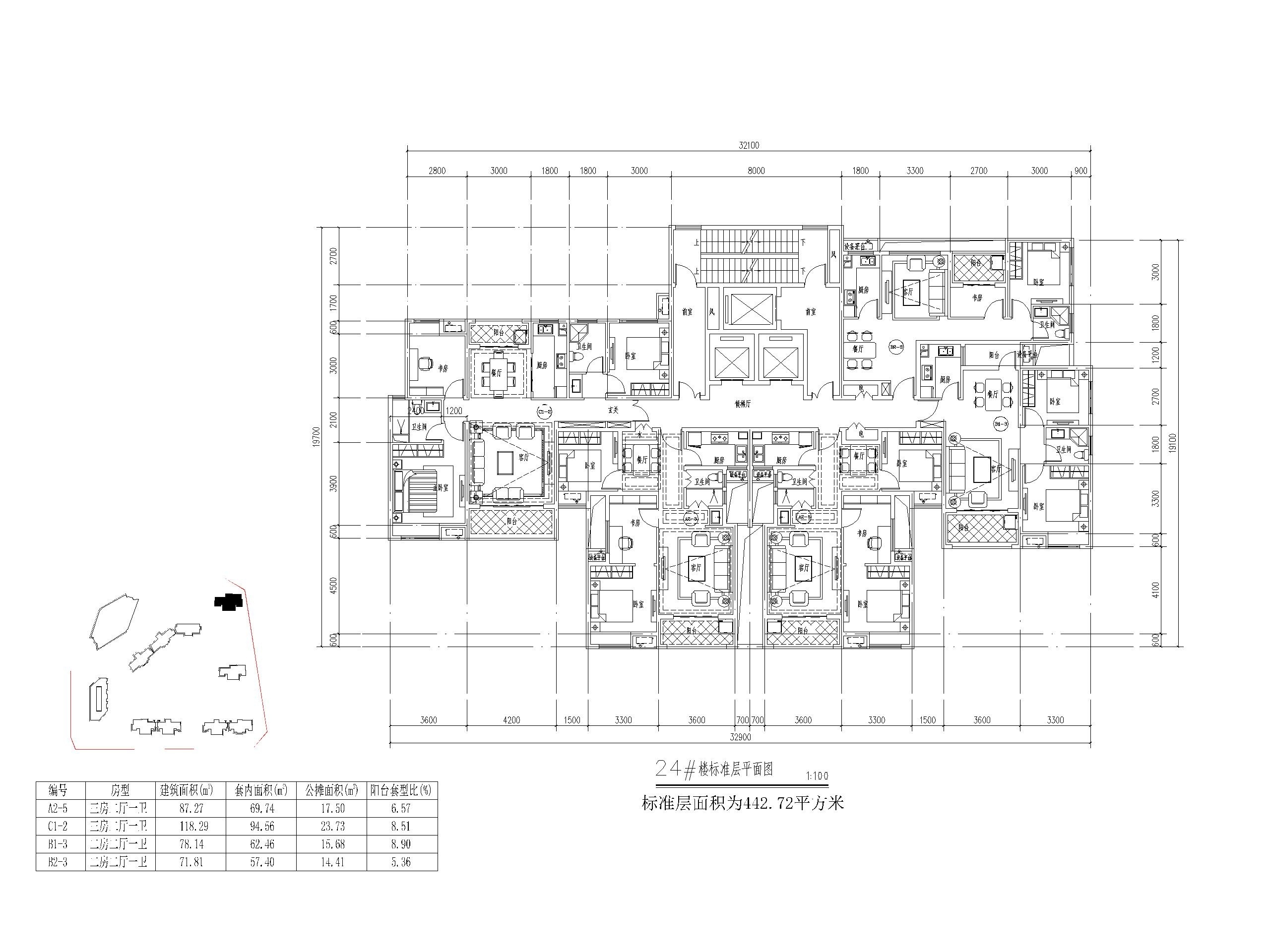 郑州某住宅项目超高层标准层户型设计(CAD)