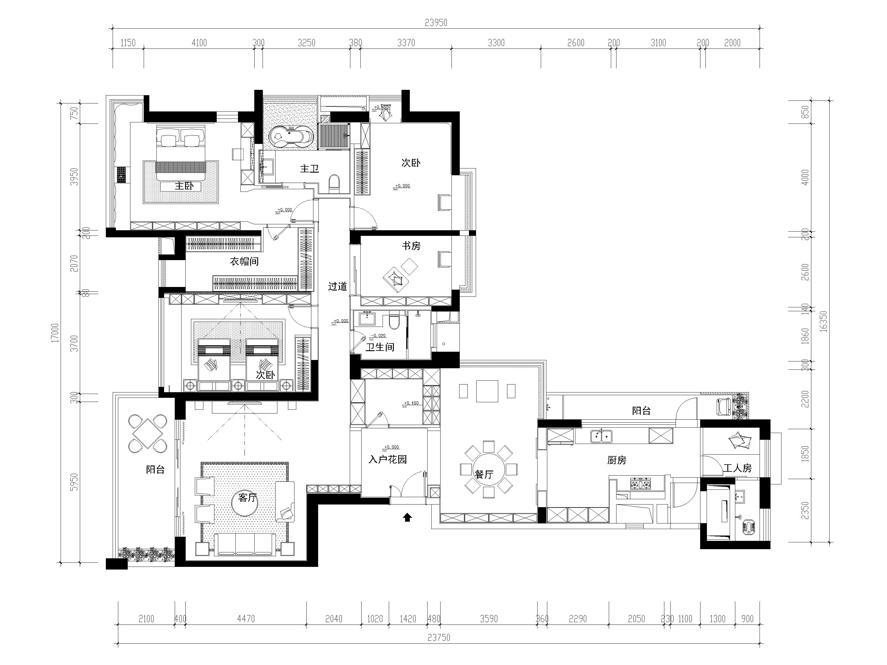 [深圳]240㎡现代三居室平层样板间施工图