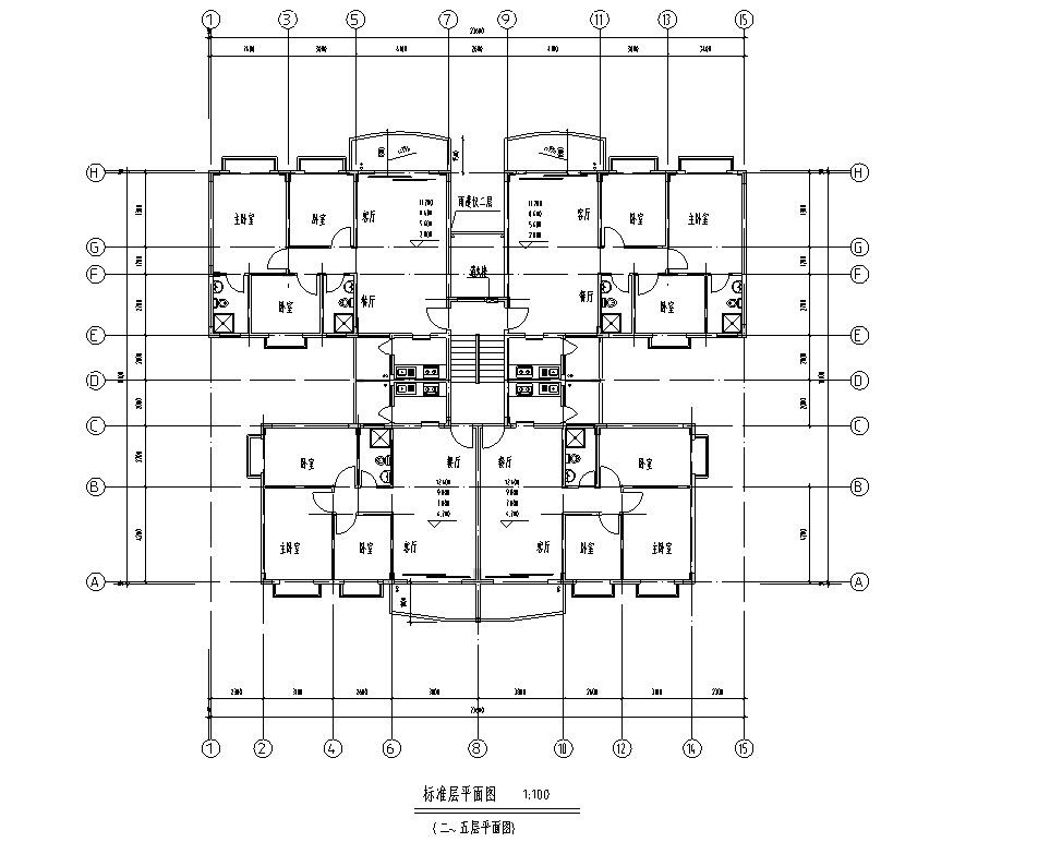 七层复式1梯4户点式住宅楼户型图