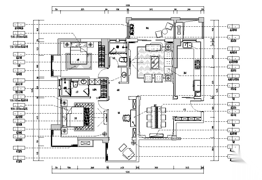 【湖北】枣阳汽车新城B户型三居室样板房设计施工图（附... 平层