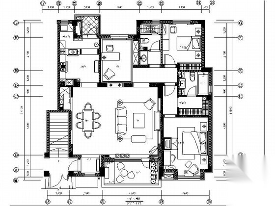 [大连]法式新古典样板间三居室室内设计CAD施工图 平层