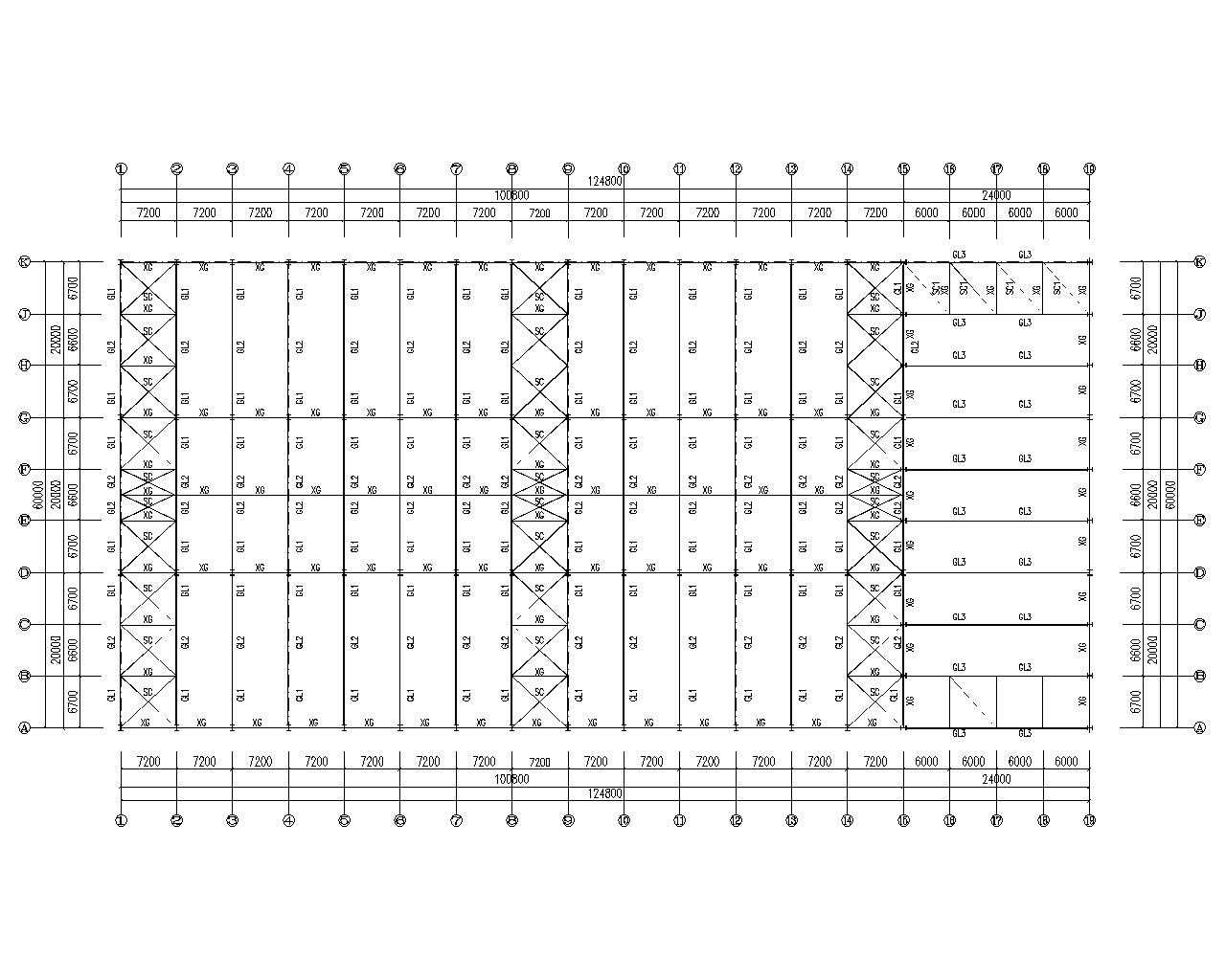 60米多跨钢结构厂房结构施工图（CAD）